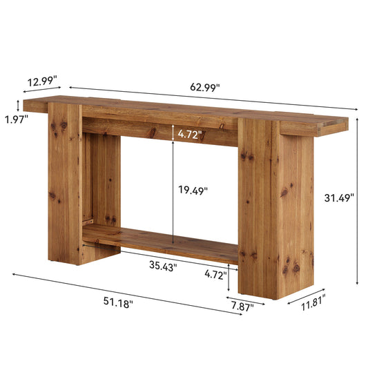 2-Tier Solid Wood Console Table, 63" Entryway Sofa Table with Storage