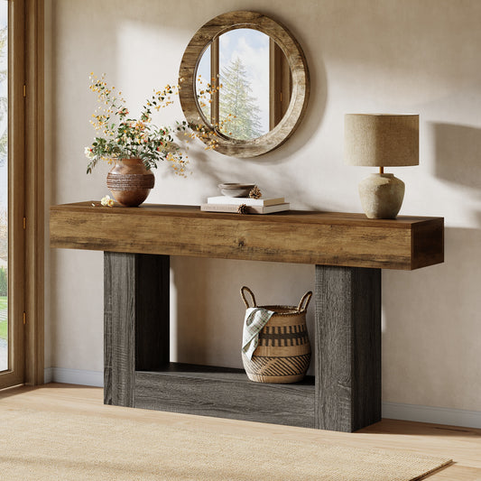 63" Wooden Console Table, Farmhouse 2-Tier Sofa Table Entryway Table