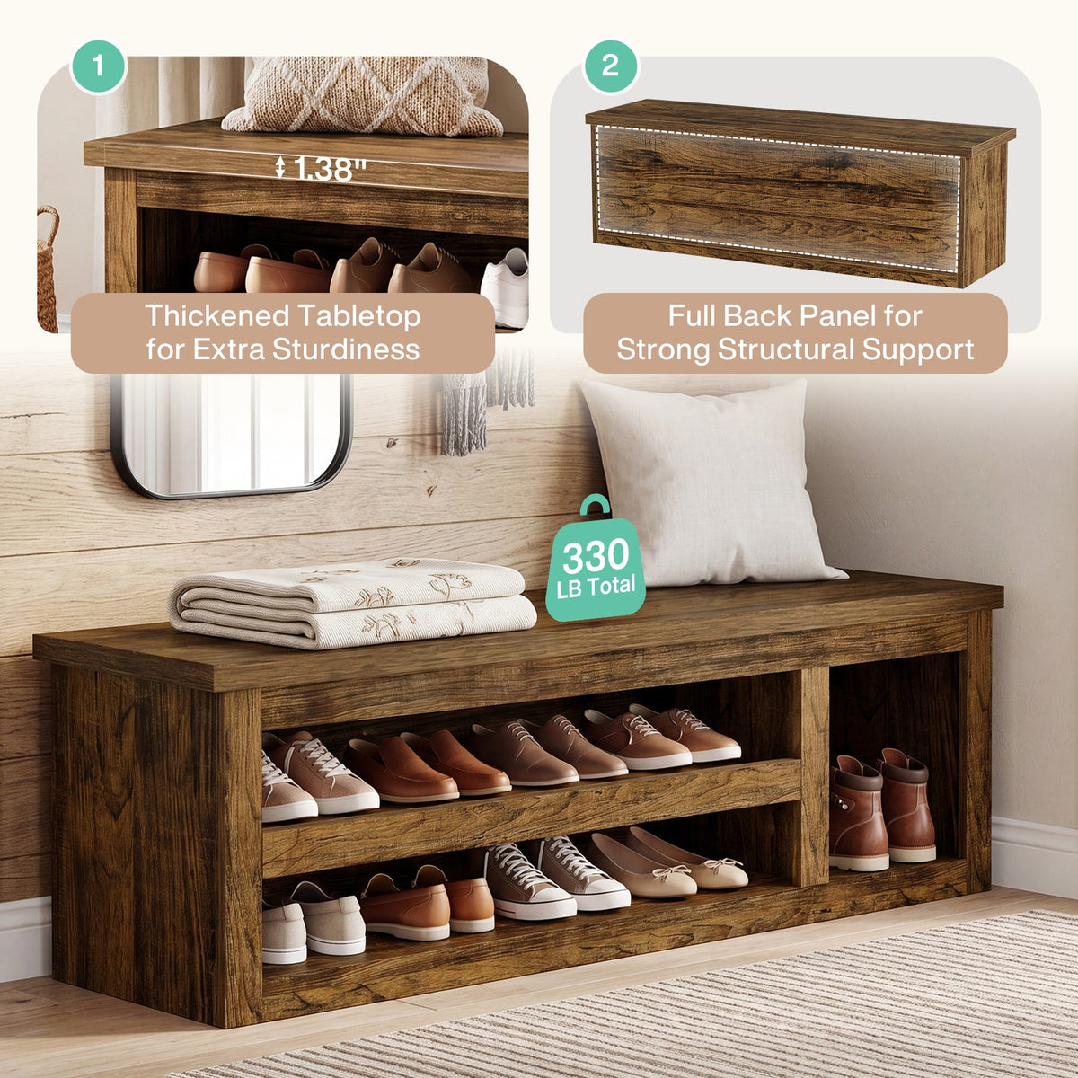 3-Tier Shoe Storage Bench,  63" Farmhouse Entryway Bench with Full Back Panel