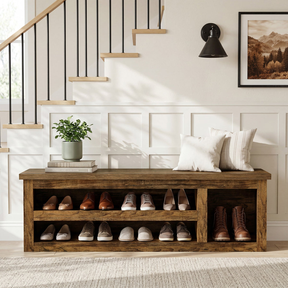 3-Tier Shoe Storage Bench,  63" Farmhouse Entryway Bench with Full Back Panel
