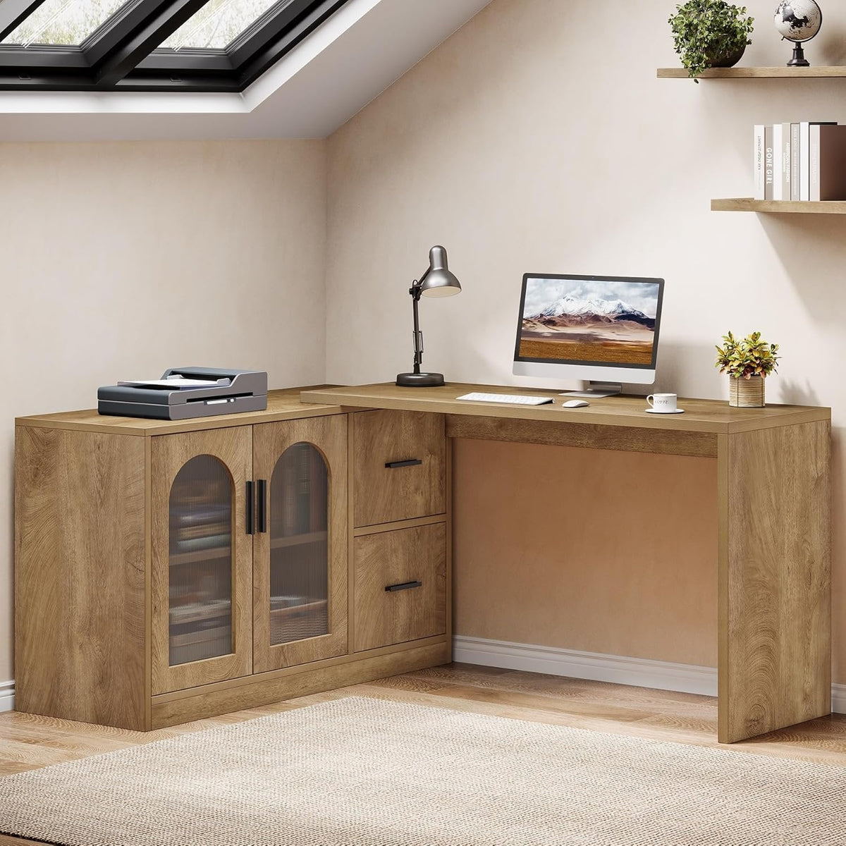 L-Shaped Computer Desk, 55" Executive Desk Office Workstation with Storage Cabinet