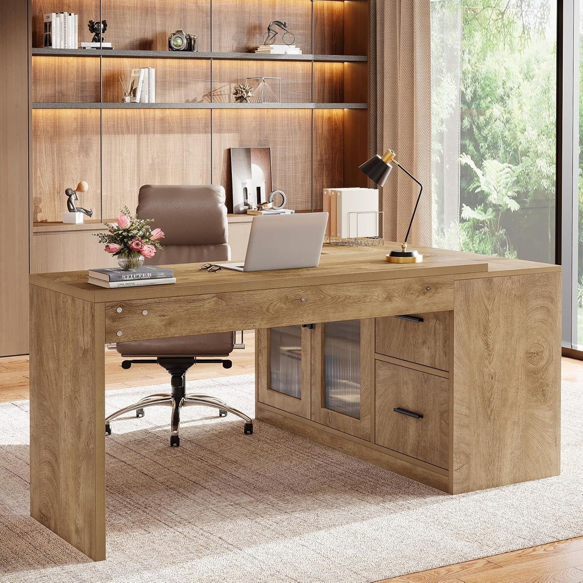 L-Shaped Computer Desk, 55" Executive Desk Office Workstation with Storage Cabinet