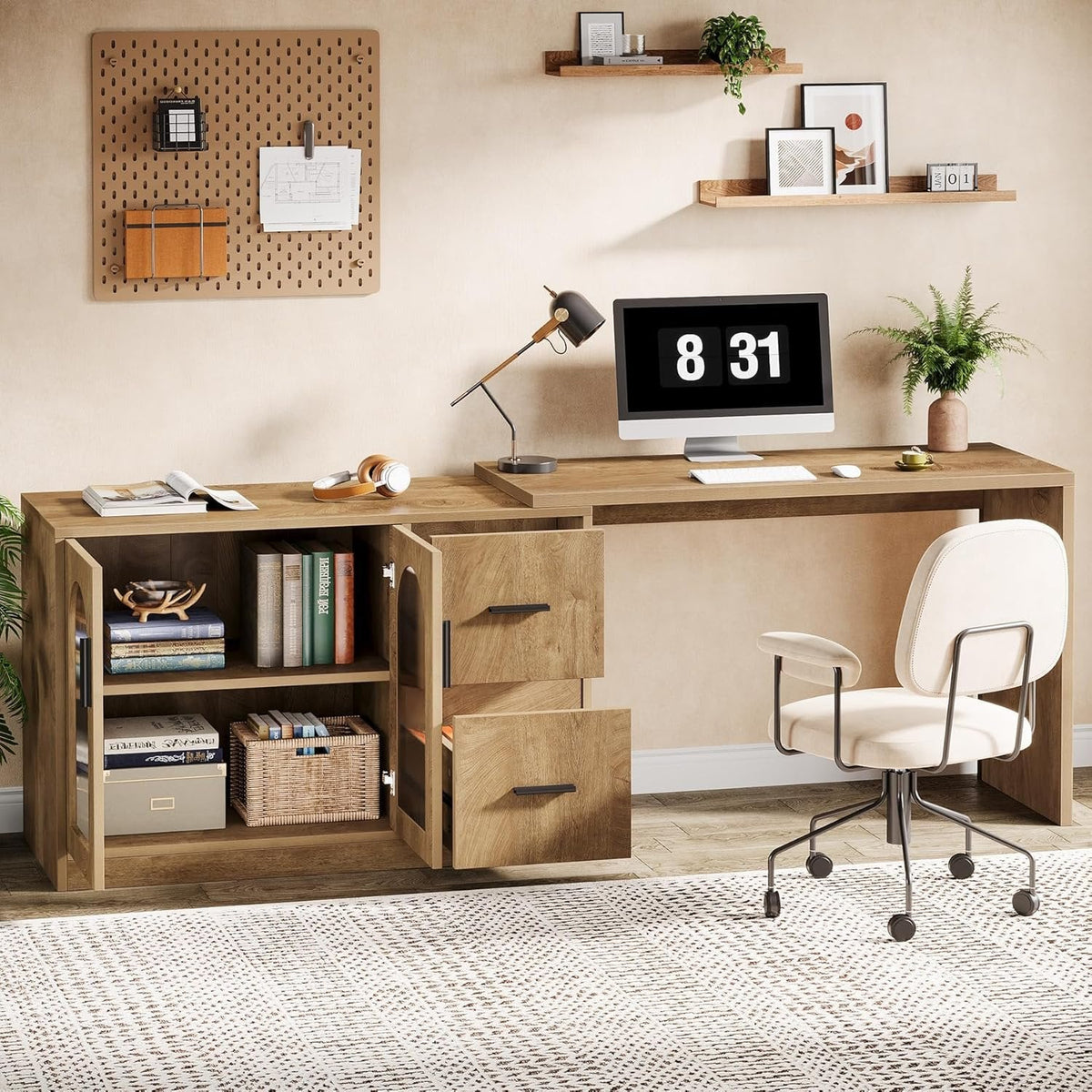 L-Shaped Computer Desk, 55" Executive Desk Office Workstation with Storage Cabinet