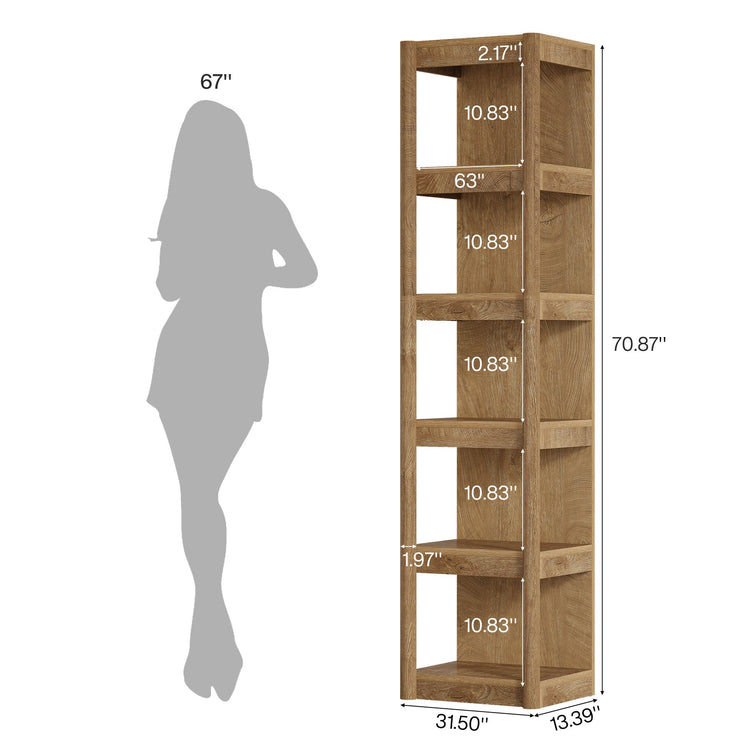 5-Tier Narrow Bookcase, 70.9" Farmhouse Bookshelf with Open Storage Rack