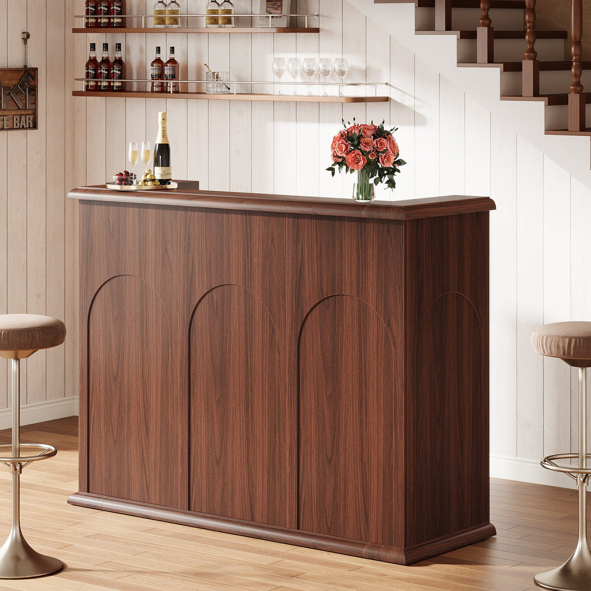 Mid-Century Bar Table, 55" Home Bar Unit Liquor Wine Table
