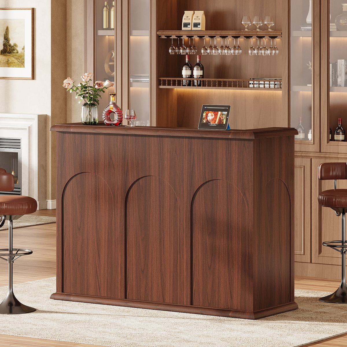 Mid-Century Bar Table, 55" Home Bar Unit Liquor Wine Table