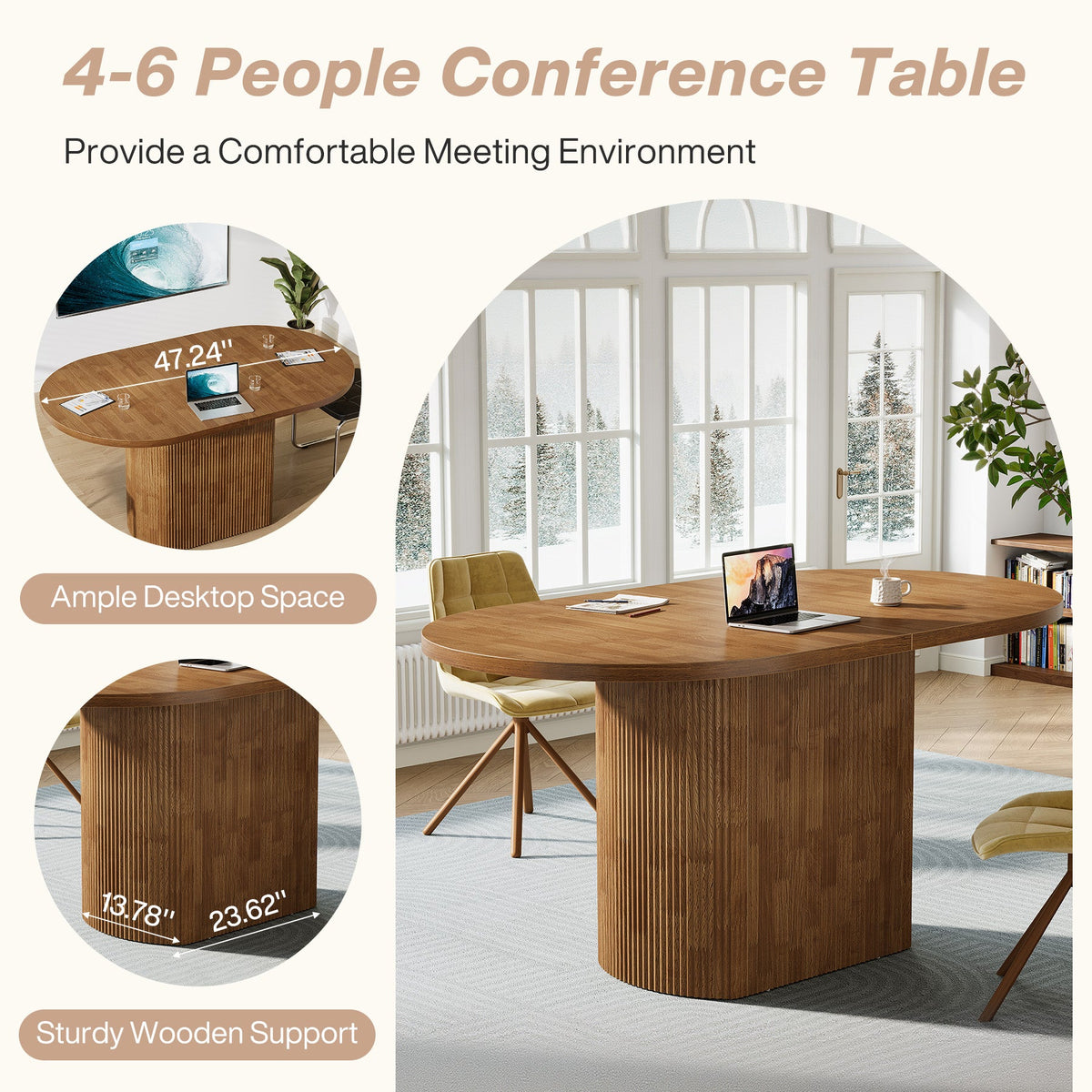 Oval Conference Table, 47.24" Meeting Table with Polygon Base for 4 People