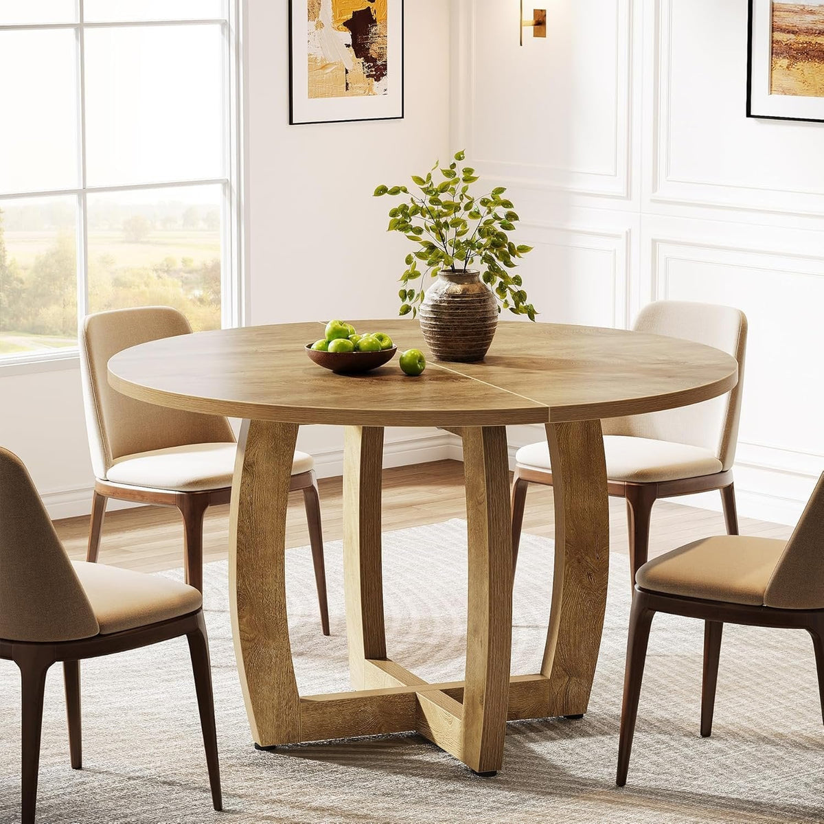 Round Dining Table, 47.2" Kitchen Dinner Table with Cross Base for 4 People