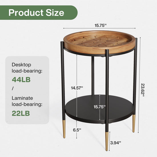Round Side Table, 2-Tier End Table with Solid Wood Tabletop