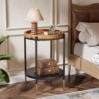 Round Side Table, 2-Tier End Table with Solid Wood Tabletop