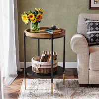Round Side Table, 2-Tier End Table with Solid Wood Tabletop