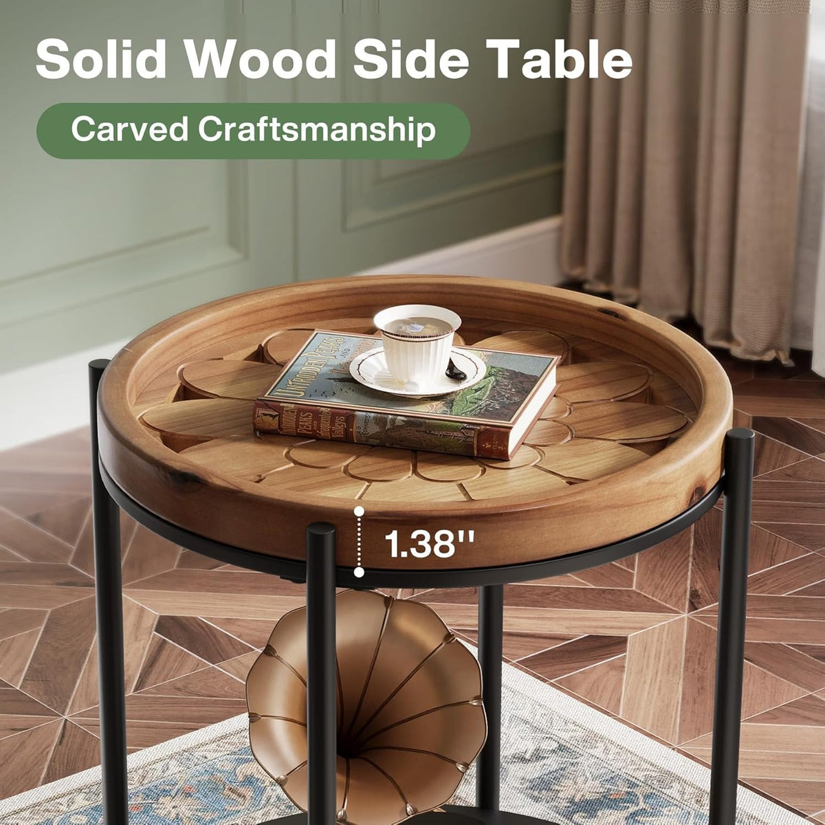 Round Side Table, 2-Tier End Table with Solid Wood Tabletop