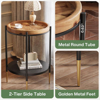 Round Side Table, 2-Tier End Table with Solid Wood Tabletop