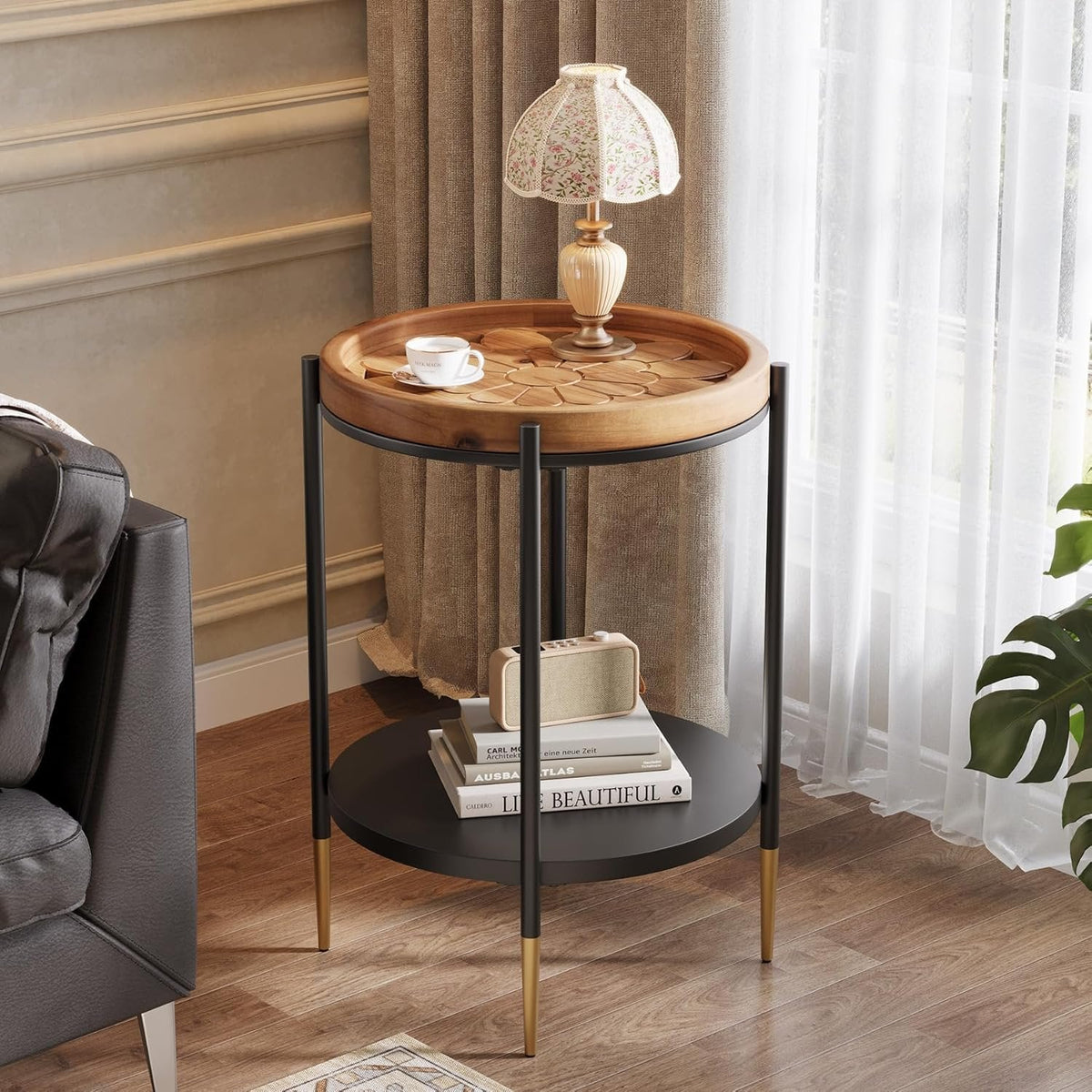 Round Side Table, 2-Tier End Table with Solid Wood Tabletop