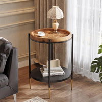 Round Side Table, 2-Tier End Table with Solid Wood Tabletop