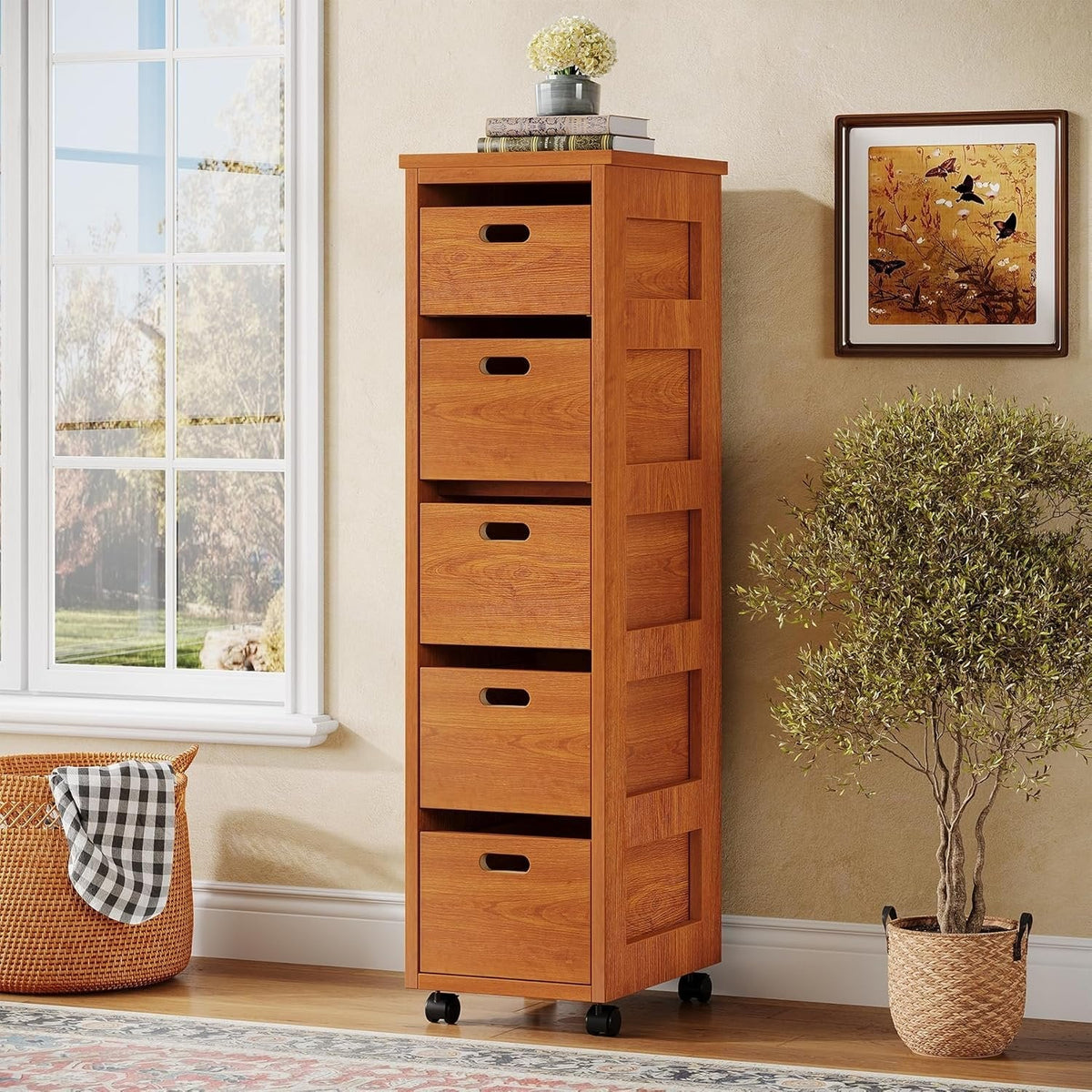 Slim Storage Cabinet, Tall Organizer Tower Vertical Tower Unit with Wheels
