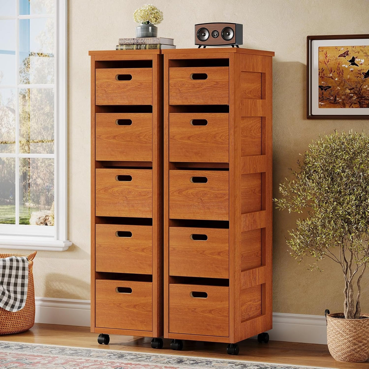 Slim Storage Cabinet, Tall Organizer Tower Vertical Tower Unit with Wheels