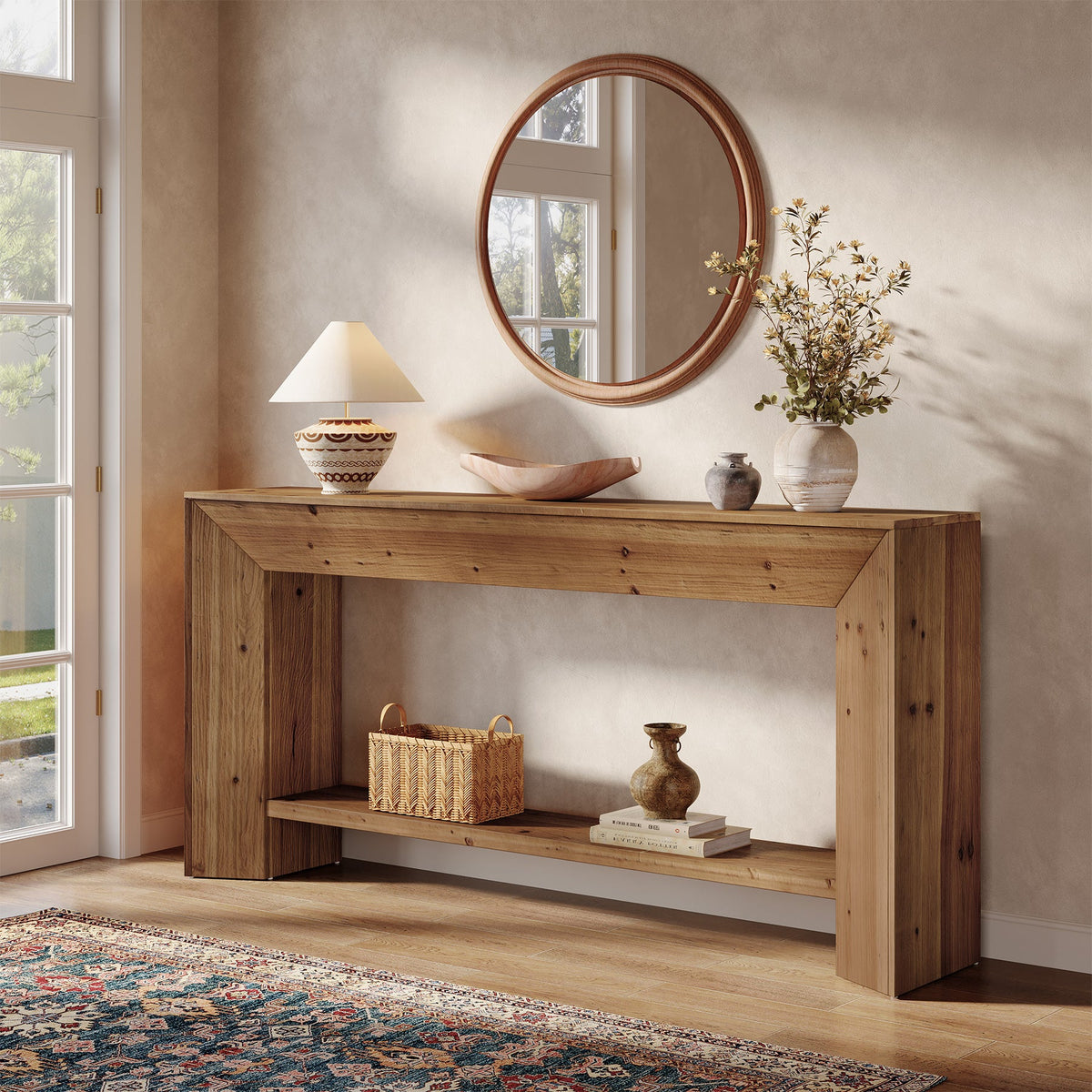 Solid Wood Console Table, 63" Wooden Sofa Table Behind Couch with Storage