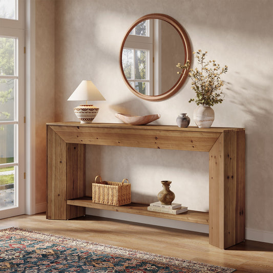 Solid Wood Console Table, 63" Wooden Sofa Table Behind Couch with Storage