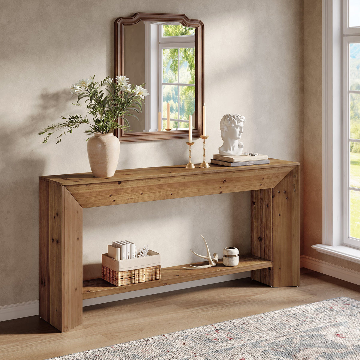 Solid Wood Console Table, 63" Wooden Sofa Table Behind Couch with Storage