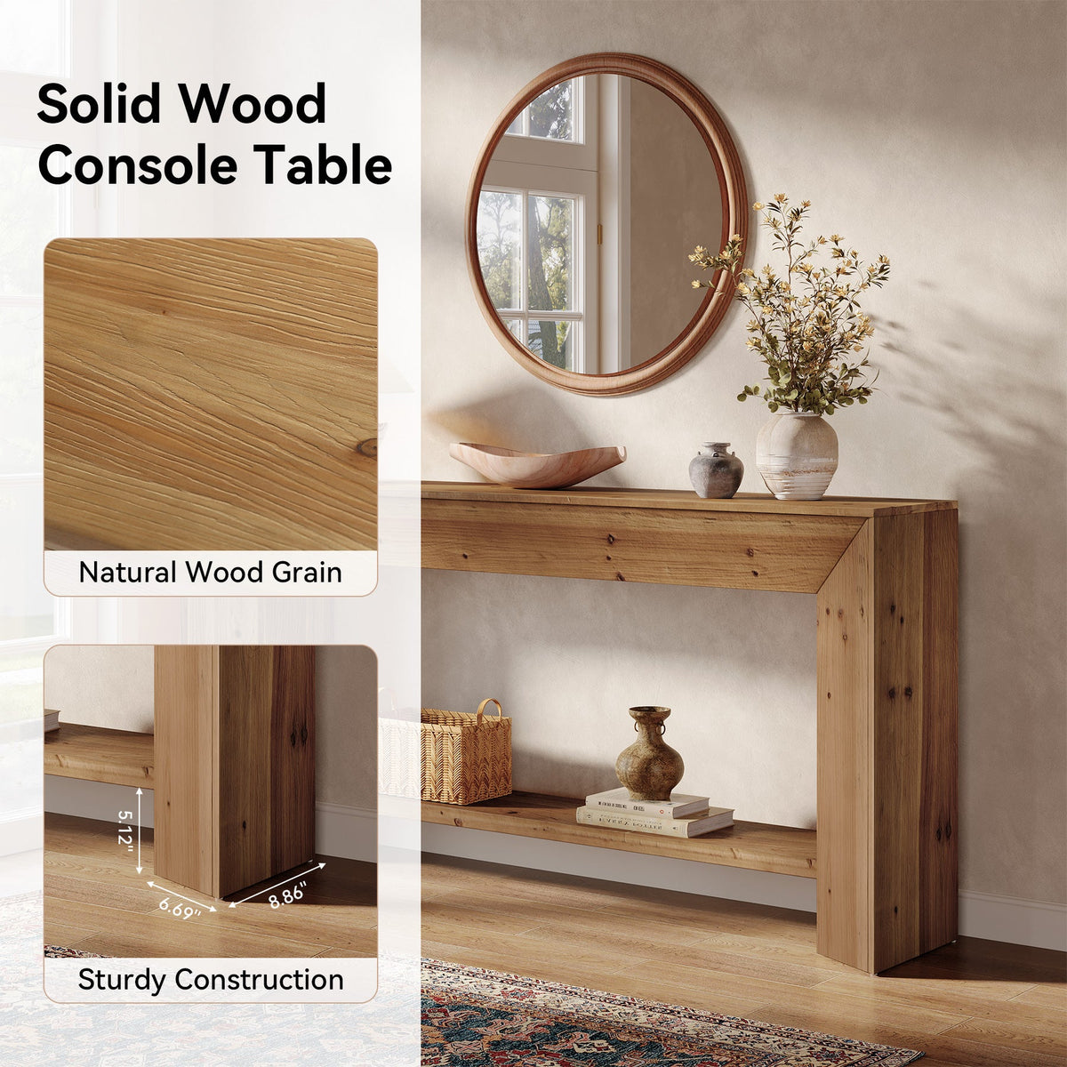 Solid Wood Console Table, 63" Wooden Sofa Table Behind Couch with Storage
