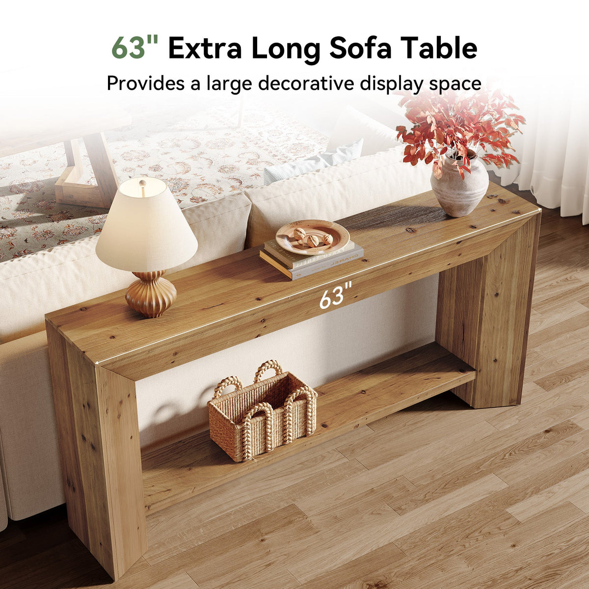 Solid Wood Console Table, 63" Wooden Sofa Table Behind Couch with Storage