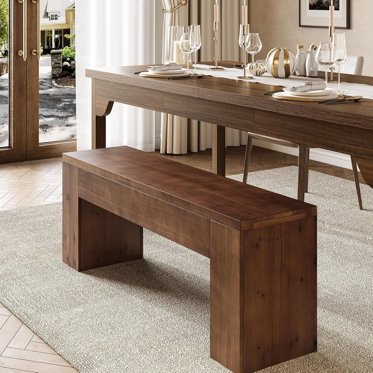 Solid Wood Dining Bench, 47.2" Farmhouse Entryway Bench with Sturdy Legs