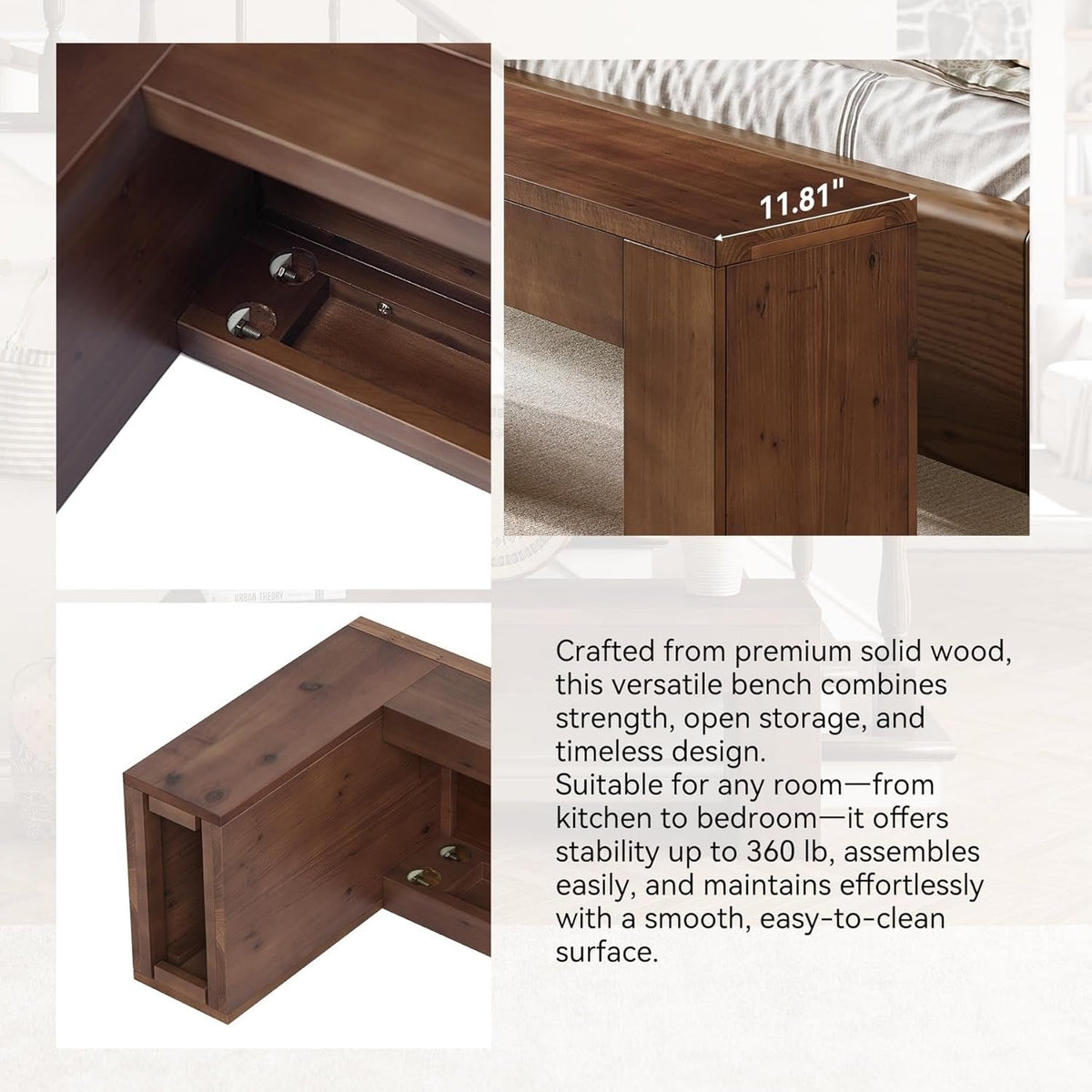 Solid Wood Dining Bench, 47.2" Farmhouse Entryway Bench with Sturdy Legs