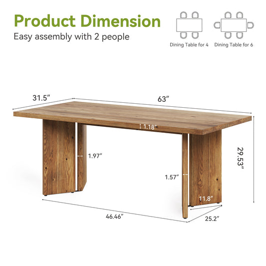 Wooden dining table with dimensions labeled on a white background