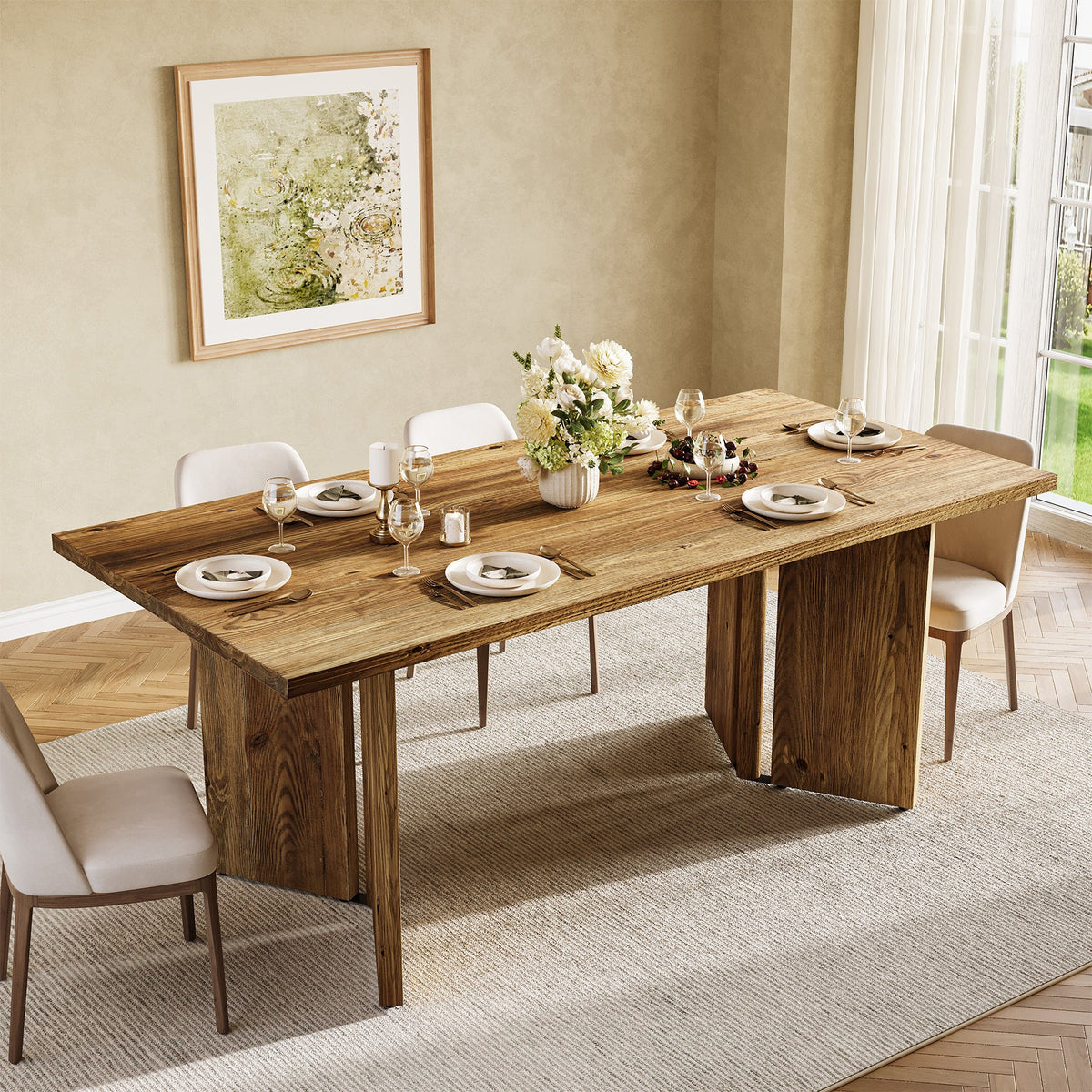 Solid Wood Dining Table, 63" Farmhouse Long Kitchen Table