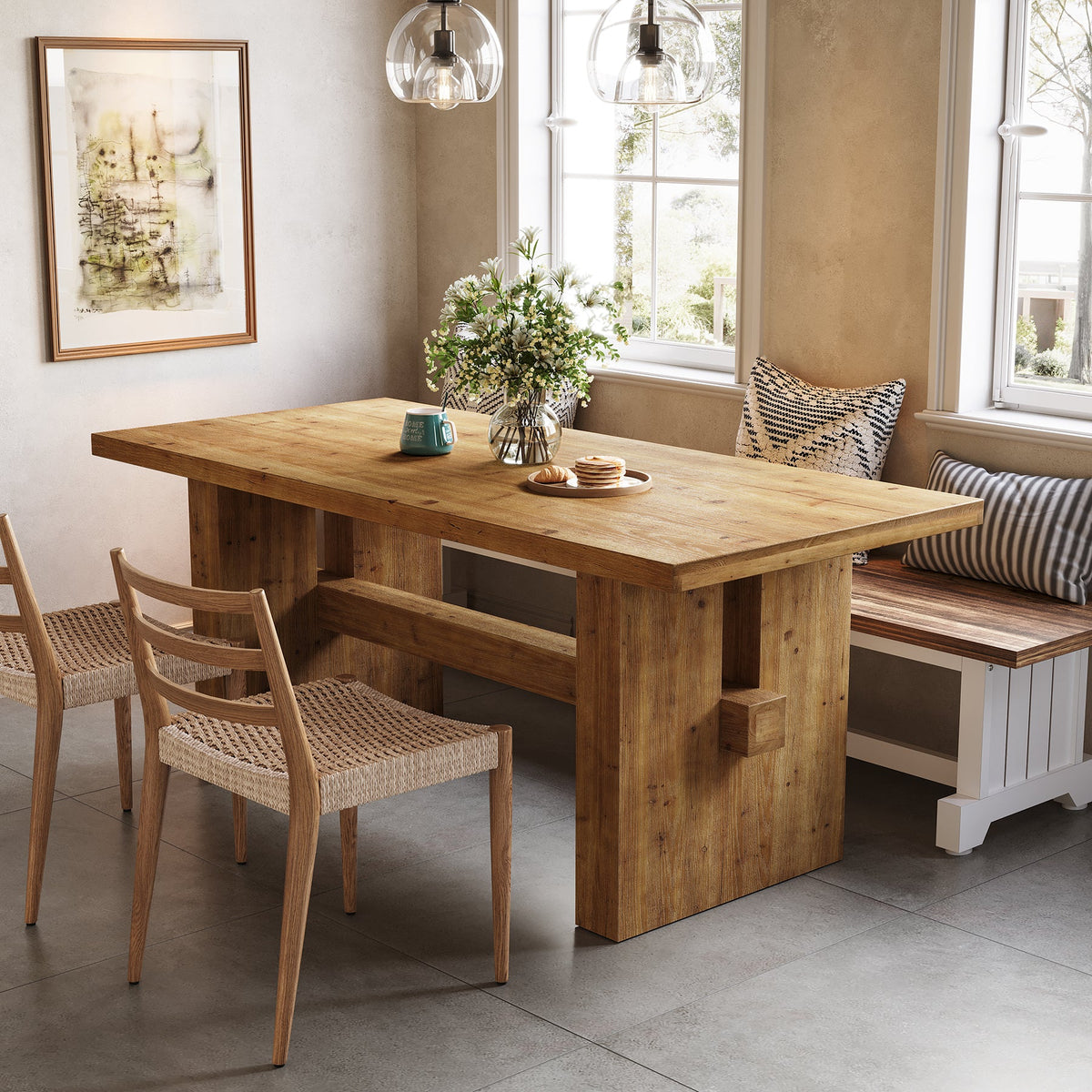 Solid Wood Kitchen Table, 63" Farmhouse Dining Table Dinner Table for 6