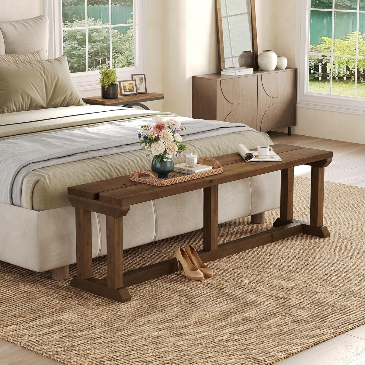Solid Wood Shoe Bench, 59" Farmhouse Entryway Bench Bed Seat