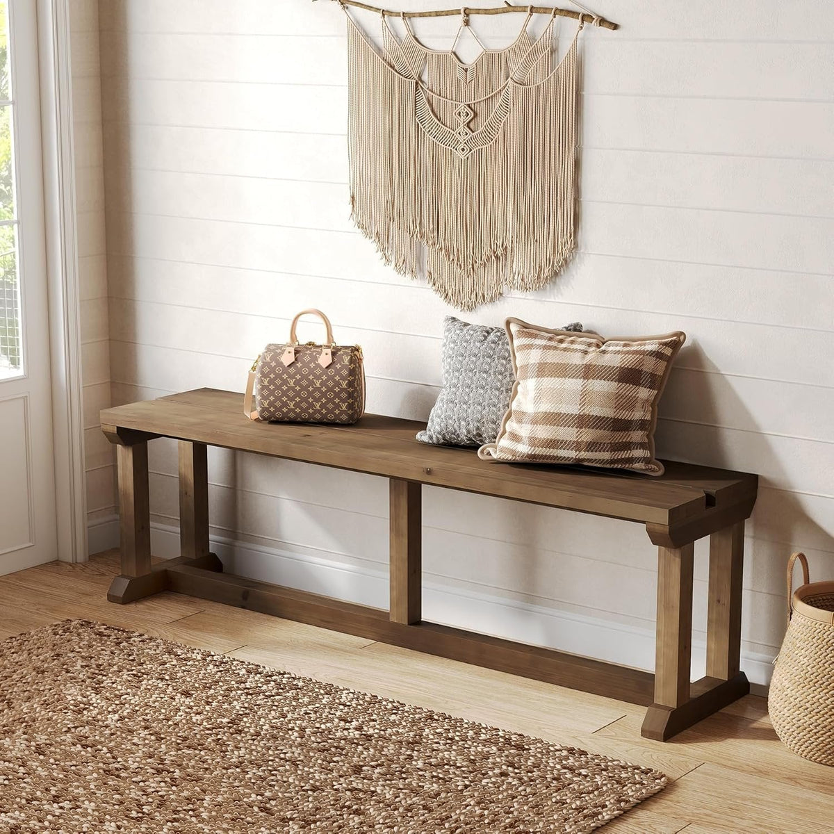 Solid Wood Shoe Bench, 59" Farmhouse Entryway Bench Bed Seat
