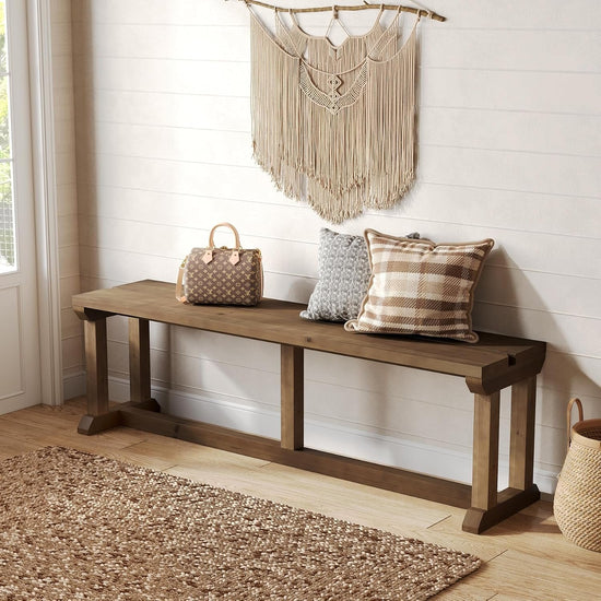 Solid Wood Shoe Bench, 59" Farmhouse Entryway Bench Bed Seat