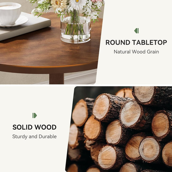 Solid Wood Side Table, 19" Round End Table with 2-Tier Storage
