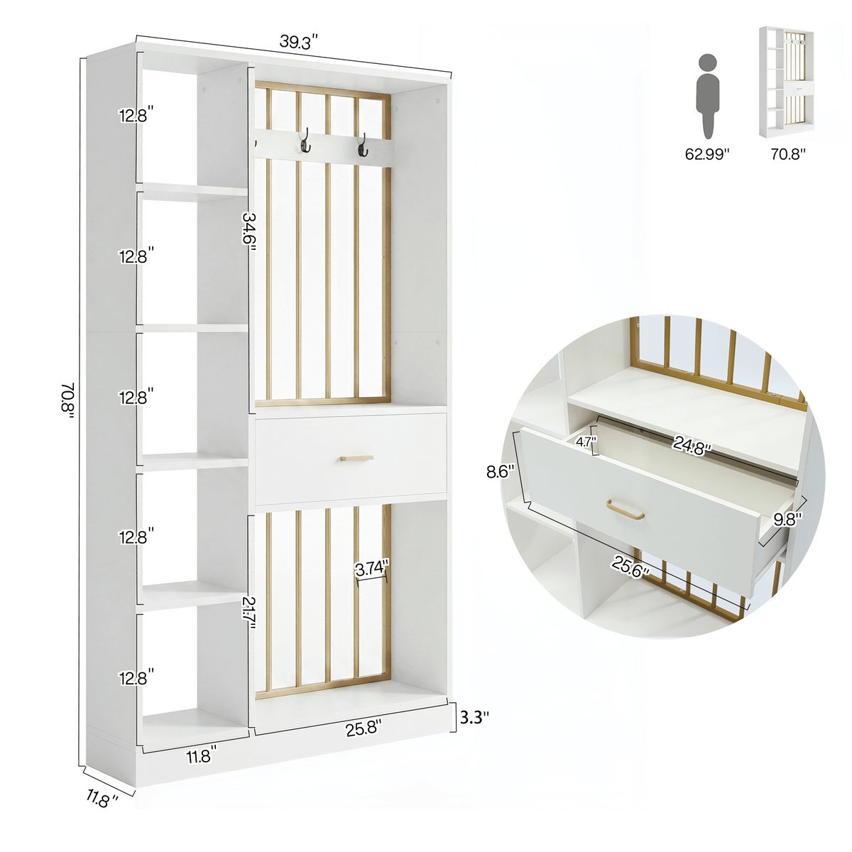 70.8" Room Divider with Storage Shelves, Drawer & Coat Rack, Freestanding Wood Partition Wall