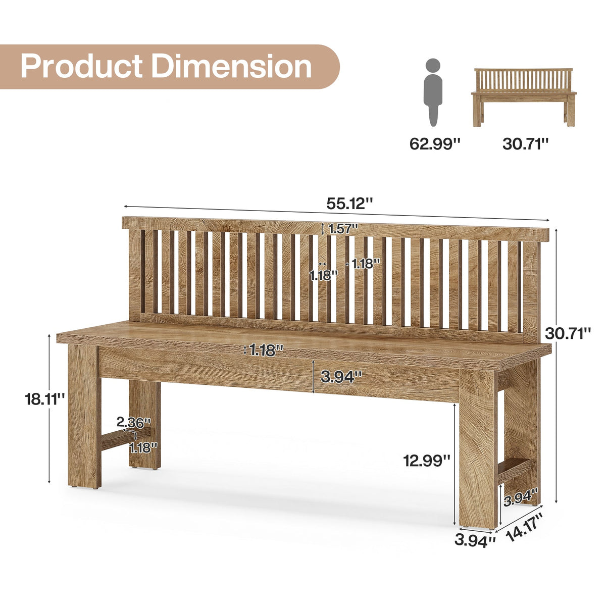 55" Entryway Bench, Farmhouse Seating Bench with Vertical Stripes Backrest for Hallway