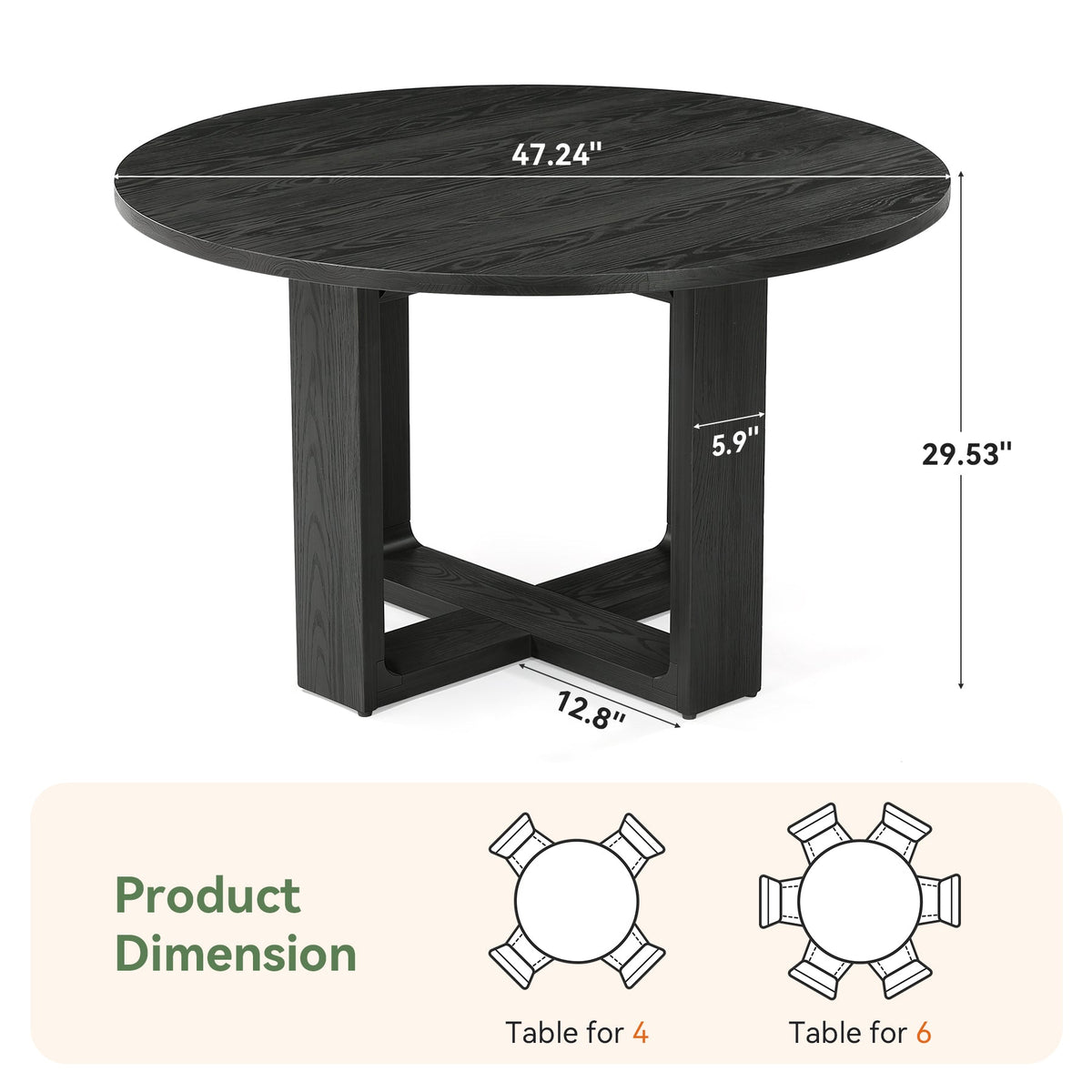 47.24" Black Solid Wood Conference Table, Round Meeting Table for 4–6 People with Cross-Shaped Base