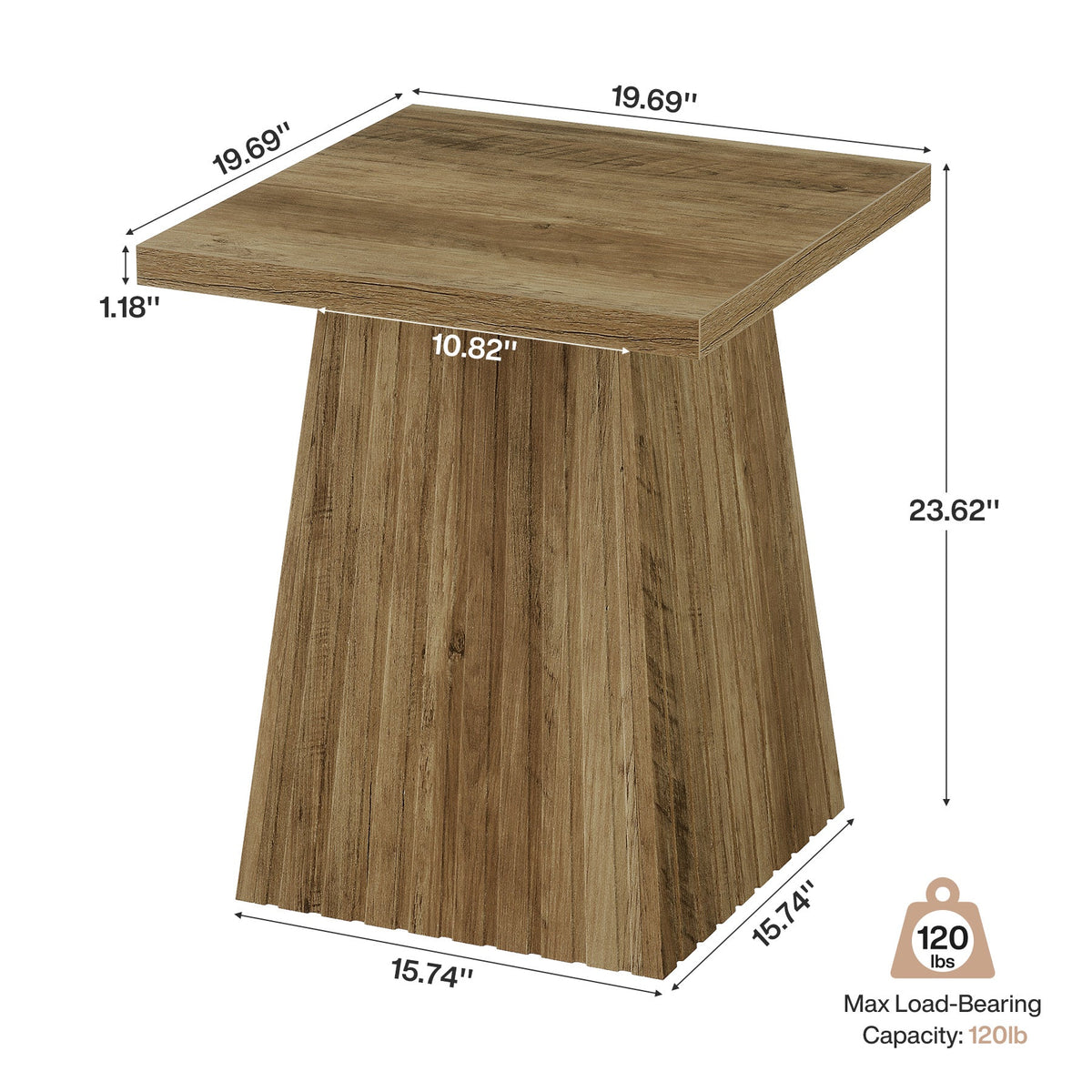19.7" Square End Table, Modern Rustic Side Table with Fluted Base for Small Space