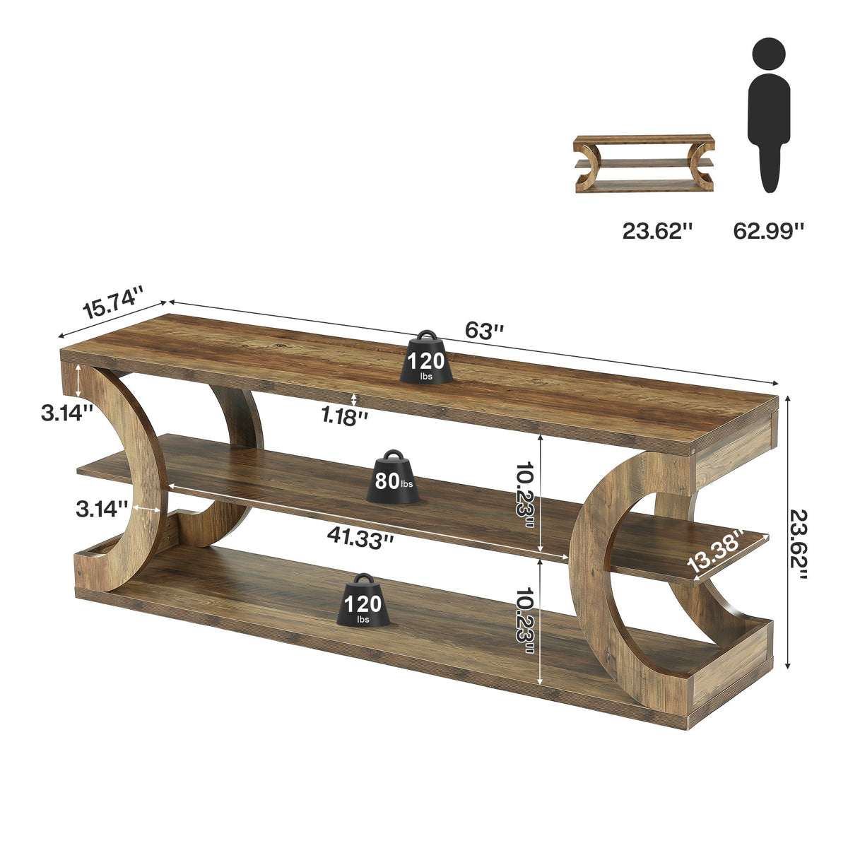 3-Tier Console Table, 63" Farmhouse Entryway Sofa Table for Hallway