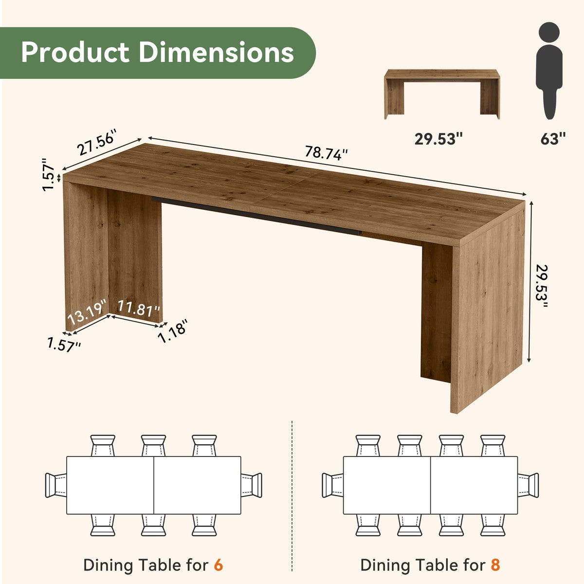 78"Solid Wood  Dining Table, Kitchen Table for 6-8 People for Dining Room