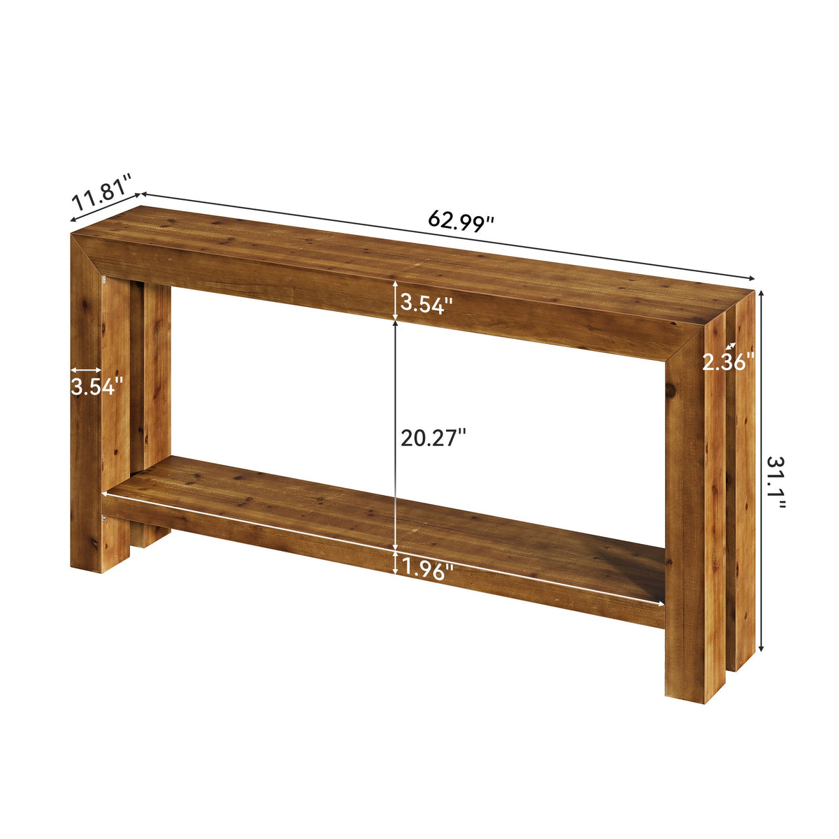 63" Solid Wood Console Table, 2-Tier Sofa Entryway Table for Hallway