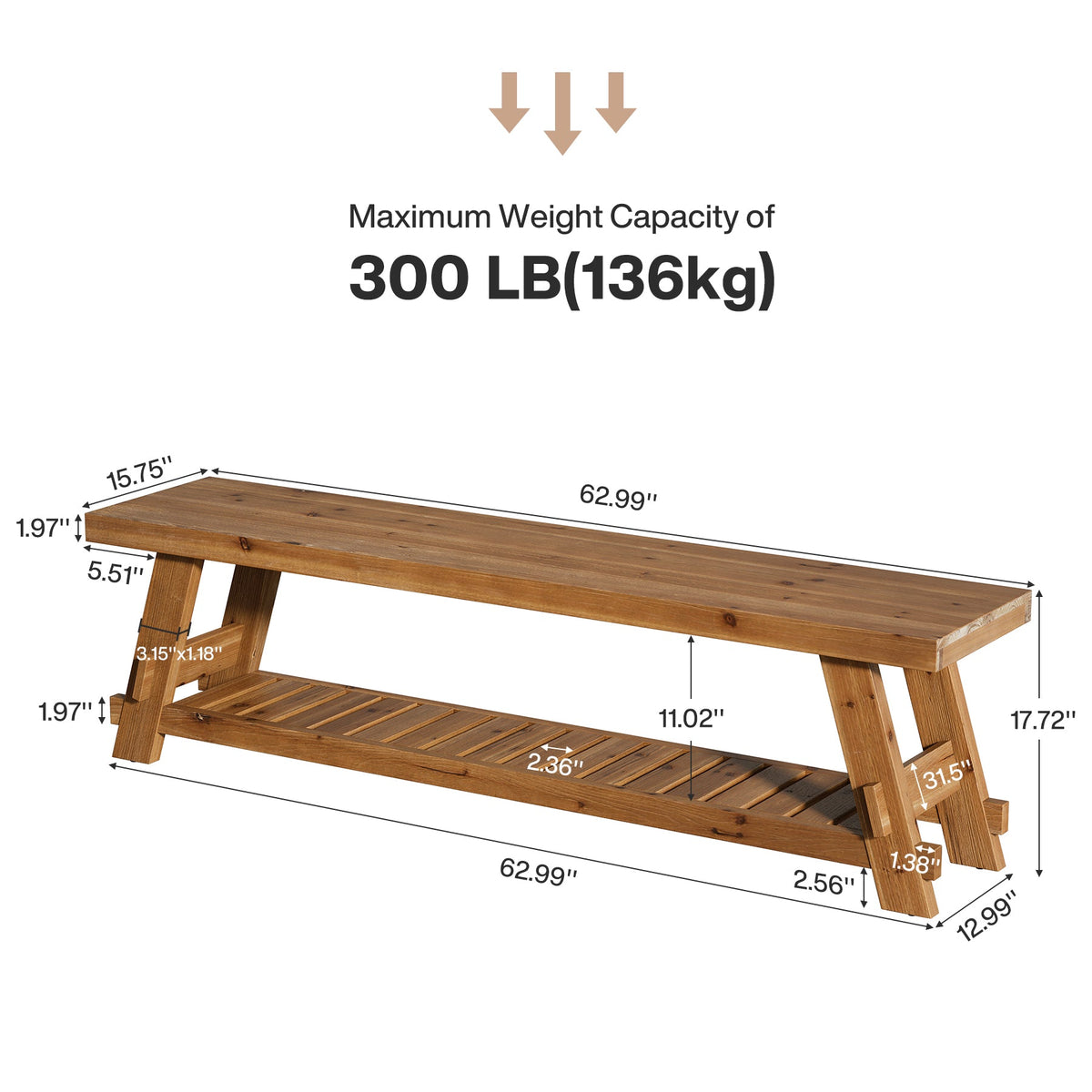 63" Solid Wood Shoe Bench, 2-Tier Entryway Bench with Storage Shelf