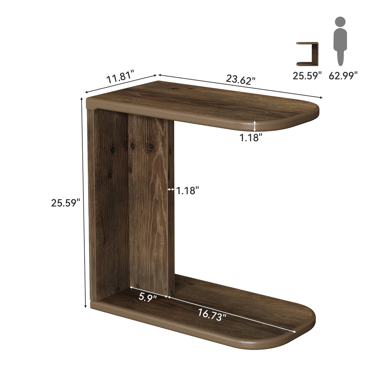 Solid Wood End Table, C-Shaped Sofa Side Table for Living Room