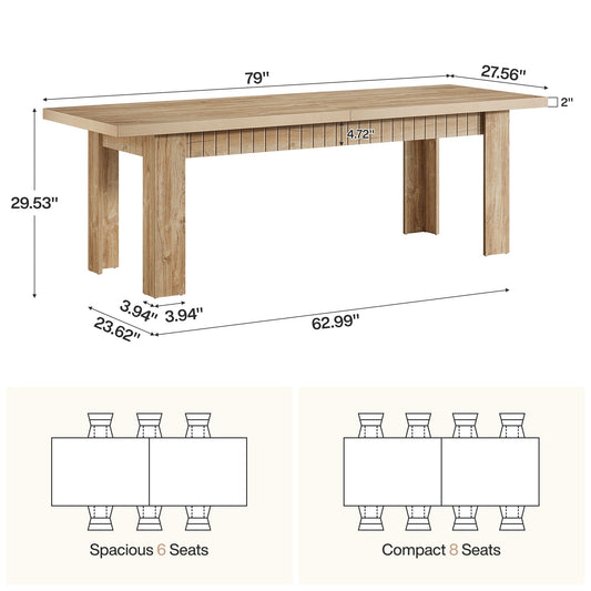 79" Dining Table for 6-8 People, Rectangular Kitchen Table for Dining Room