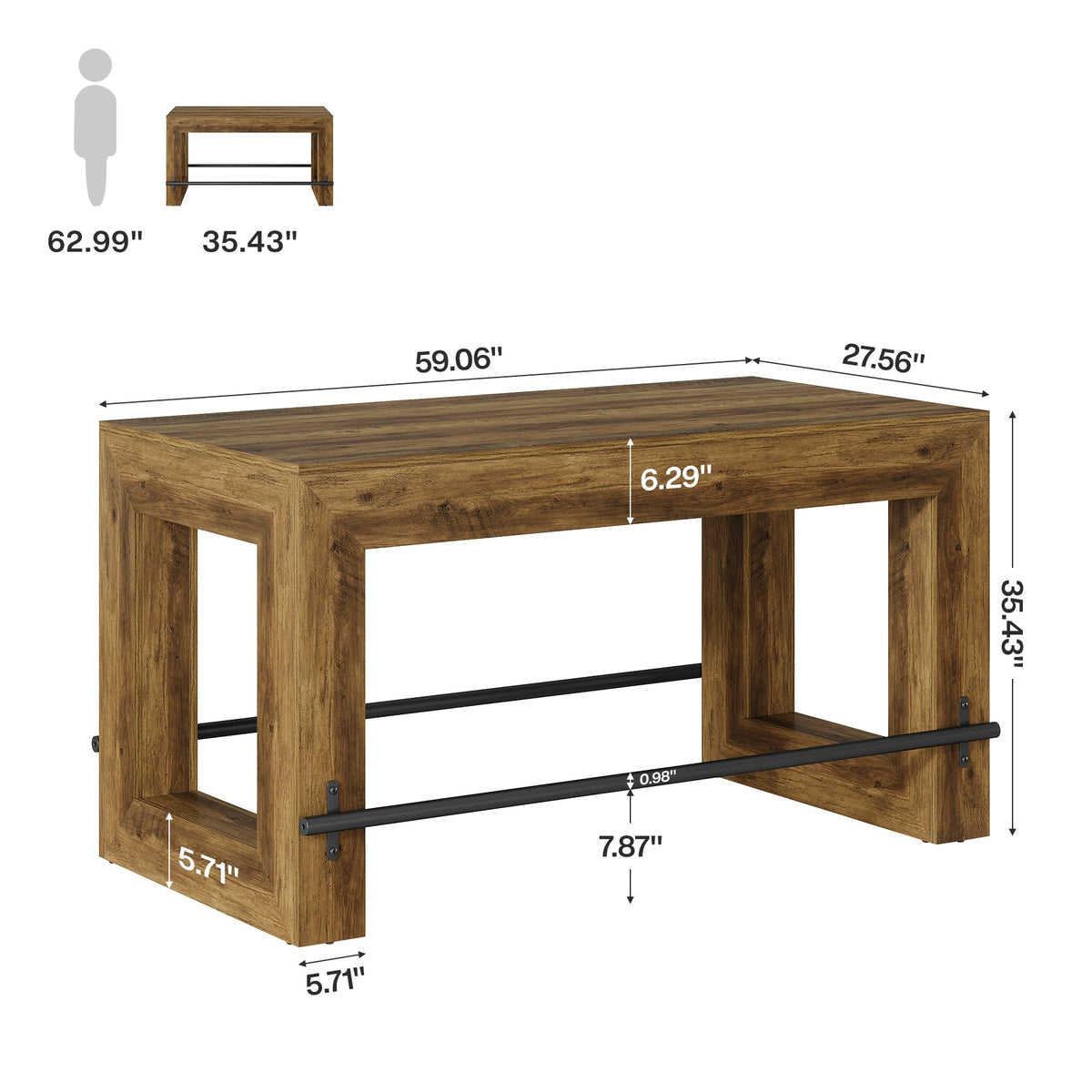 Counter Height Bar Table, 59" Pub Table With Metal Footrest For Dining Room