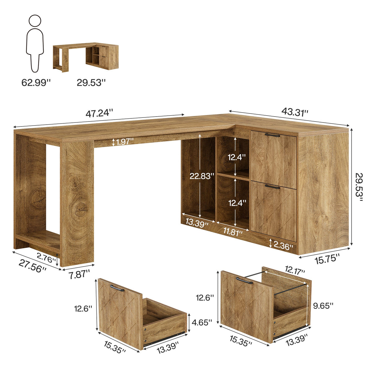 L-Shaped Executive Desk,  63" Office Desk with File Cabinets and Shelves