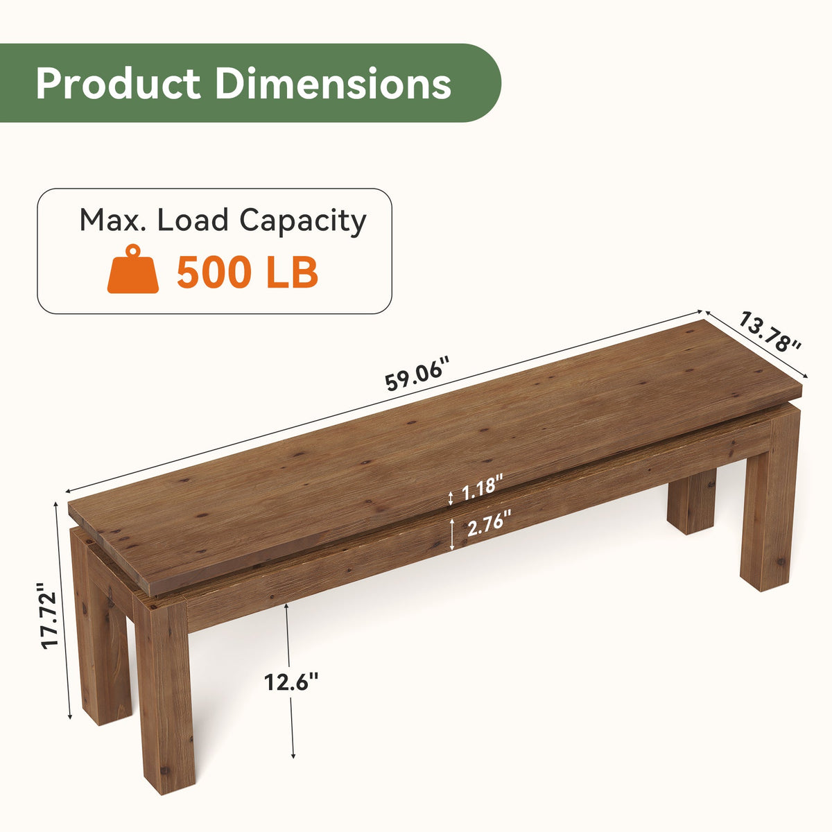 59" Solid Wood Dining Bench, Indoor Bench Seating for Dining Room, Entrance