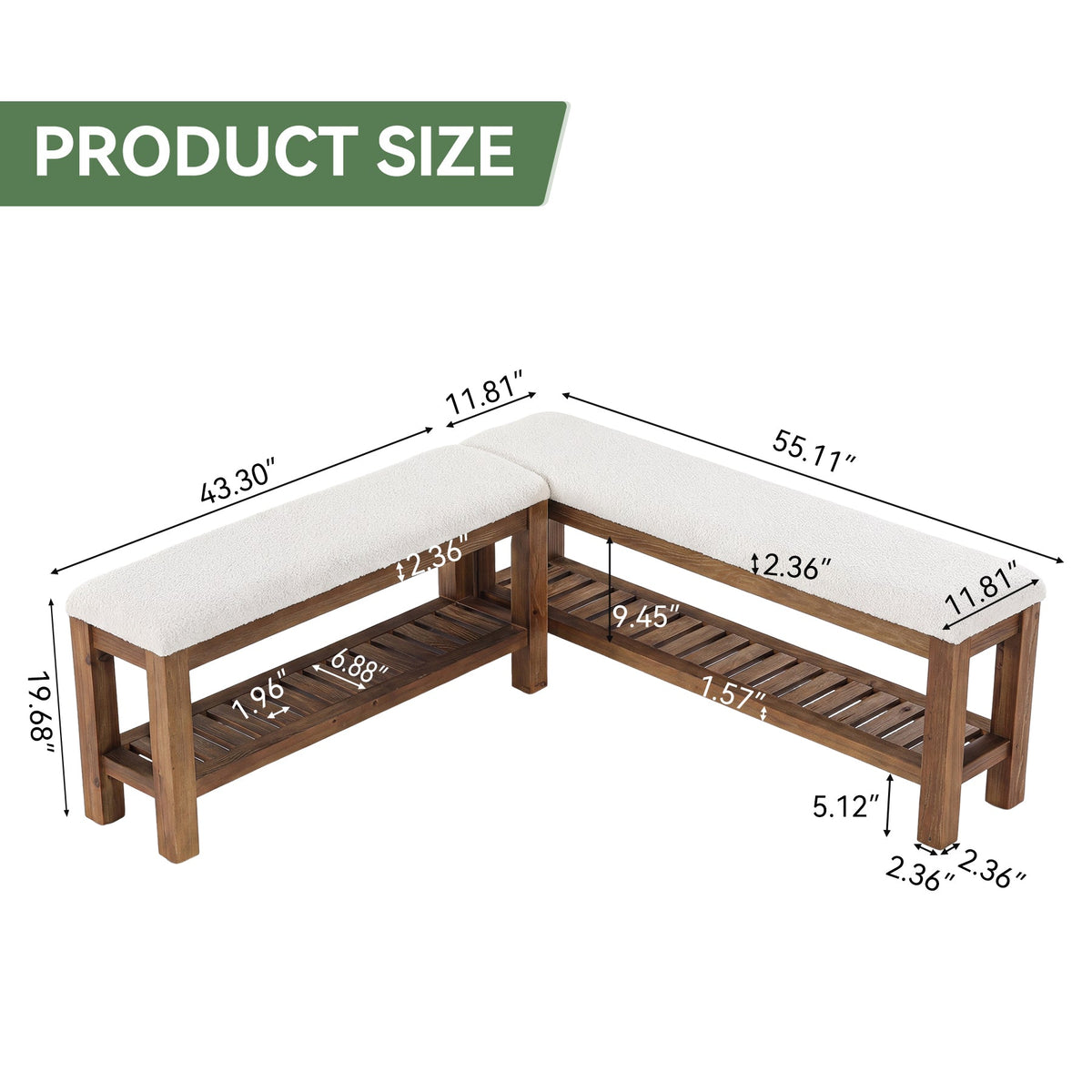 Solid Wood Entryway Bench Set, 55" L-Shaped Shoe Bench with Storage Shelf