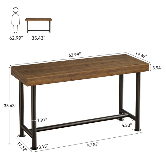 63" Solid Wood Bar Table, Rectangular Counter Height Pub Table with Metal Legs